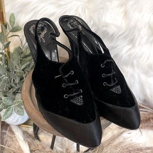 EUC!  RODO - $750 Black Velvet, Satin, and Rhinestone Slingback Pumps